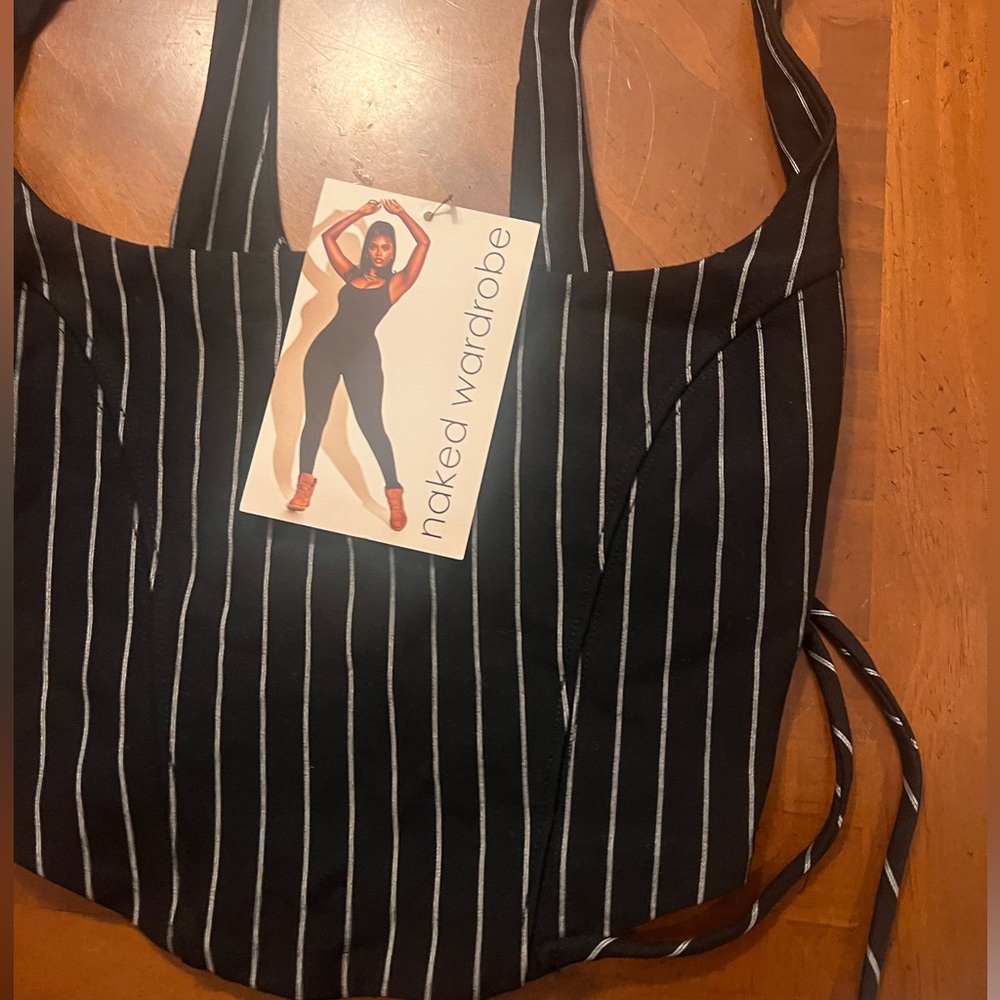 New Naked Wardrobe Pin Stipe Top with string up back size small